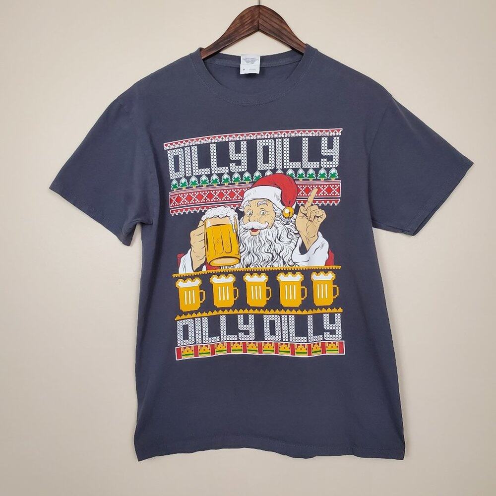 Jerzees Graphic Tee Christmas Santa Beer Dilly Gray Medium